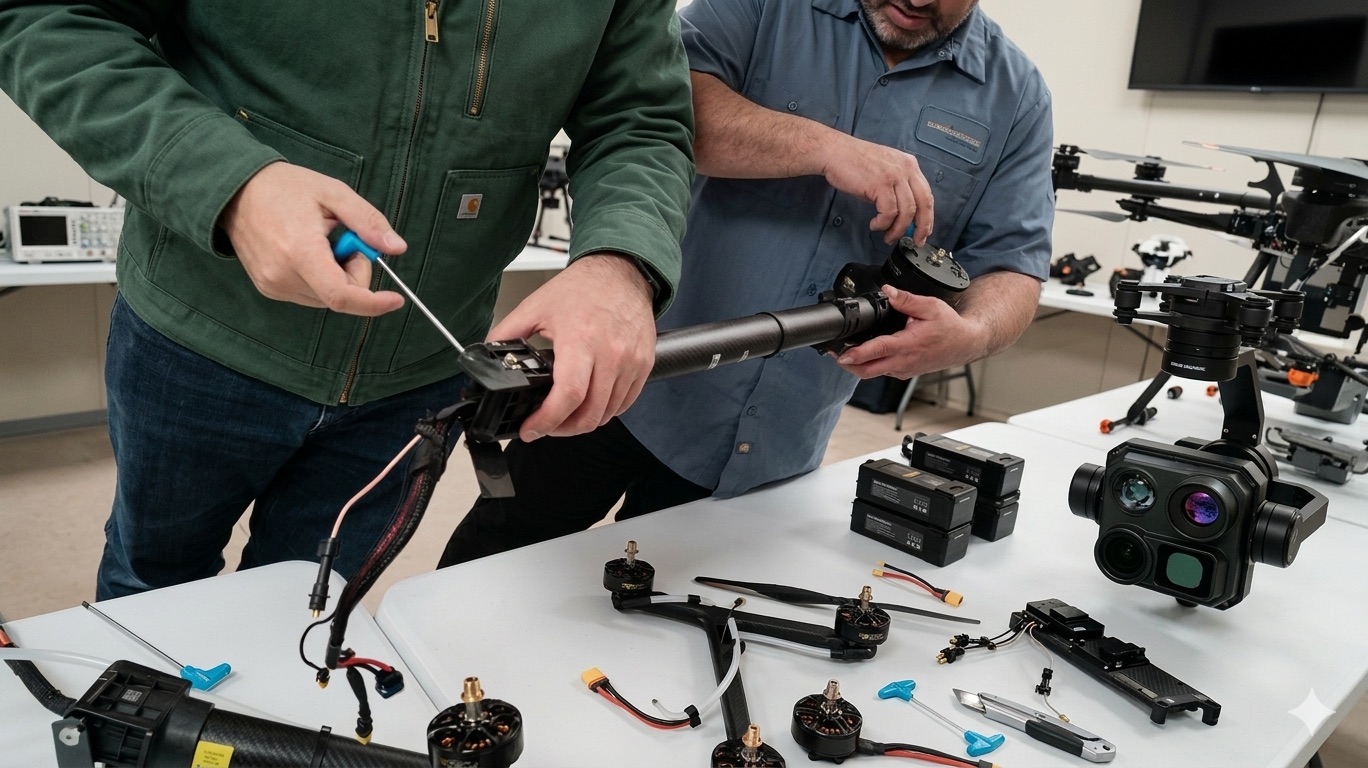 Técnico reparando drone DJI en taller